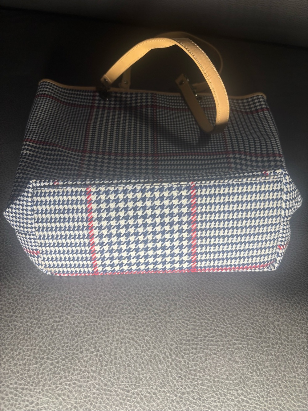 Lauren Ralph Lauren Houndstooth Plaid shoulder Tote Bag Blue Tan RL Monogram - Picture 6 of 13